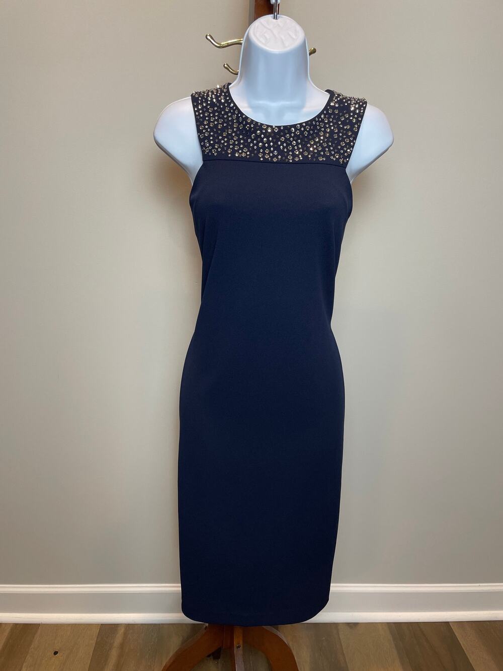 Calvin Klein Navy Rhinestone‑Neck Sheath Dress Size 10
